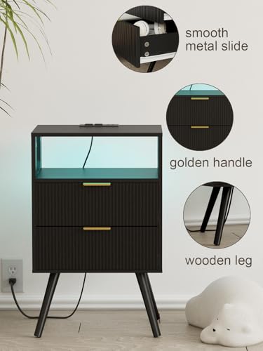 Leomonio Nightstand with Charging Station and LED Lights, Modern Bedside Table with 2 Storage Drawer and Open Wood Shelf for Bedroom and Small Spaces, Night Stand with Solid Wood Legs - color: Black-outlet