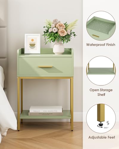 Nightstand,Modern Bedside Table Night Stand with Storage Drawer and Open Shelf,Small End Side Table for Bedroom,Living Room,Green - color: Green