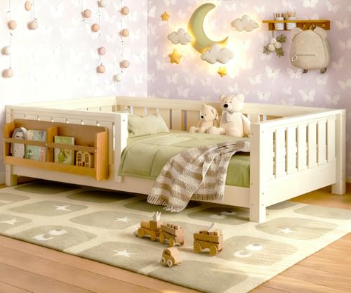 Bellemave Kids Twin Size Floor Bed Frame with Bookcase and Full-Length Guardrail, Pine Wood Montessori Bed, No Box Spring Needed(Twin,Beige,Bookshelf) - color: Beige, size: Twin-Bookshelf