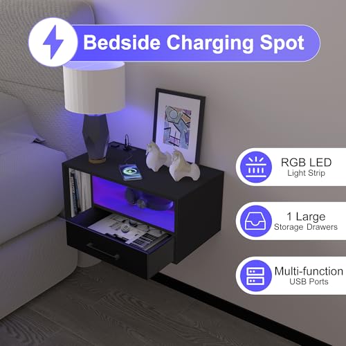 Homaterial Floating Nightstand with Charging Station and LED Lights, Floating Bedside Table with Drawers Wall Mounted Nightstands,for Bedroom Room, 21.3" x 11.8" x 10",Black - color: Black