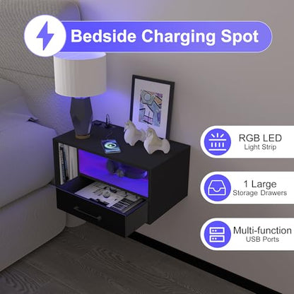 Homaterial Floating Nightstand with Charging Station and LED Lights, Floating Bedside Table with Drawers Wall Mounted Nightstands,for Bedroom Room, 21.3" x 11.8" x 10",Black - color: Black