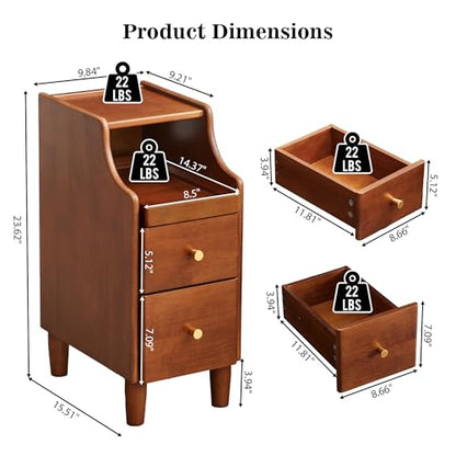Solid Wood Narrow Nightstand, Slim Bedside Table with 2 Drawers & Slide-Out Tray, Mid-Century Modern End Table Side Table for Bedroom, Living Room, Small Spaces (Walnut-2 Packs) - color: Walnut-2 Packs