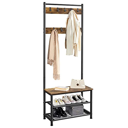 Yaheetech 3-in-1 Hall Tree with Bench, Shoe Rack for Mudroom, Rustic Brown | Sorts coats, bags, boots; easy assembly; sturdy iron frame, wood seat holds 275 lb; 9 movable hooks; freestanding entryway - color: Rustic Brown, size: 28.5'' W