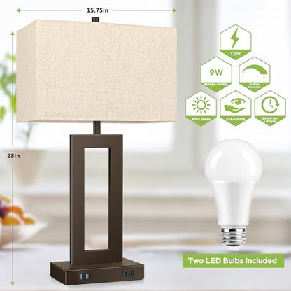 TOBUSA 28’’ Tall Brown Lamps for Living Rooms Set of 2, Modern Touch Control Table Lamps for Bedroom, 3 Way Dimmable Bedside Lamps with 2 USB Ports&AC Outlet, High-end Decor Lamp for Home Office | 3 Way Dimmable, Touch Control, Fabric Cream Shade, Large D