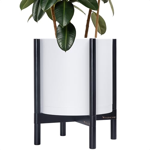 D'vine Dev Plastic Pot with Ebony Wood Stand, White, 14 in, 55-C-T-1 | Mid-Century Inspired Design, Elevated Plant Display, Clean Lines, Sturdy Support, Modern Space-Saving Style - color: Matte White Pot + Ebony Stand, size: 14 Inch