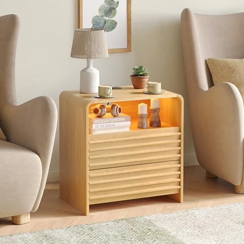 Fameill Fluted Nightstands,Nightstand with Charging Station,LED Night Stand with Two Drawers,Bedside Table with USB Ports and Outlets,Modern End Table for Bedroom (Burly Wood) - color: Burly Wood