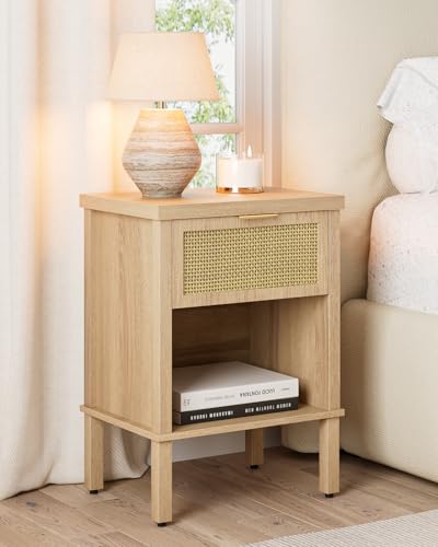 Rattan Nightstand with Drawer and Open Shelf, Boho Side Table with Gold Handle, Small Night Stand, Modern Bedside Table for Bedroom, Natural - color: Natural