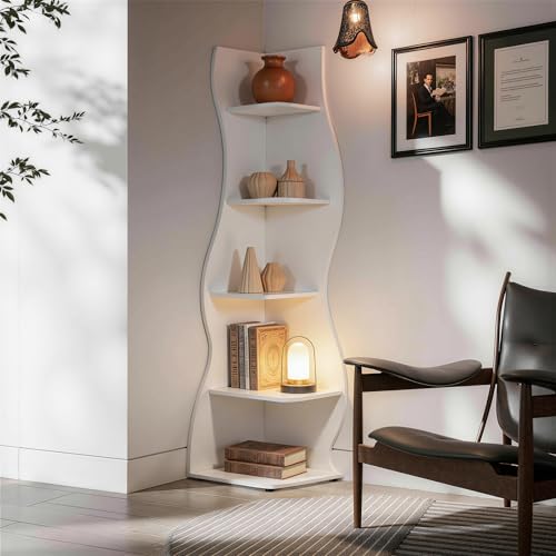 VECELO Wavy Corner Shelf, Decorative 5-Tier Storage Bookshelf, 70.1” Tall Freestanding Display Bookcase for Small Spaces, Living Room or Bedroom, White - color: White, size: 1pc