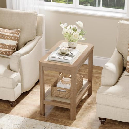 Eclatara Rattan Night Stand Set of 2 - Farmhouse 2 Tier End Table for Bedroomoom - Accent Side Table wtih Open Storage Shelves for Small Space Narrow Coffee Table Bamboo, Natural Oak - color: Natural Oak, Geometric Edges