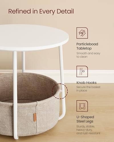 VASAGLE LILEA Collection - Small Round Side End Table, Contemporary Nightstand with Fabric Basket, Matte White ULFL004WC01S