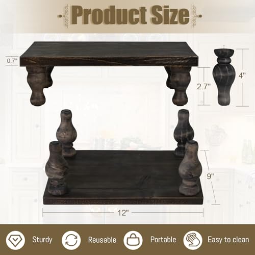 MAONAME Decorative Wooden Display Riser, Farmhouse Wood Pedestal Stand for Display, Rustic Washed Black Tray Riser for Kitchen, Home Table Decor, Short and Tall Footed