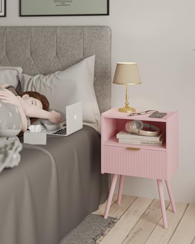 JOONEE Nightstand,Modern Bedside Table with Storage Drawer and Open Wood Shelf, for Living Room, Bedroom and Small Spaces, Accent Night Stand with Solid Wood Legs, Easy Assembly,Classic Pink - color: Pink