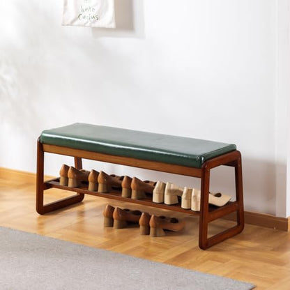 SOBIBO Solid Wood Shoe Bench, 2-Tier Wooden Entryway Bench, Modern Shoe Rack with Faux Leather Cushion for Hallway, Living Room (Green, 39.4'') - color: Green, size: 39.4 inches