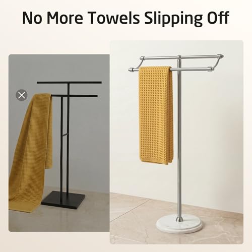 KES Anti Wobble Free Standing Towel Rack with 3X Thicker Weighted Natural Marble Base, 2-Tier Towel Rack Stand for Bathroom Floor, Rustproof 18/8 Stainless Steel, Antique Brushed Steel, BTH241-2 - color: Brushed Steel