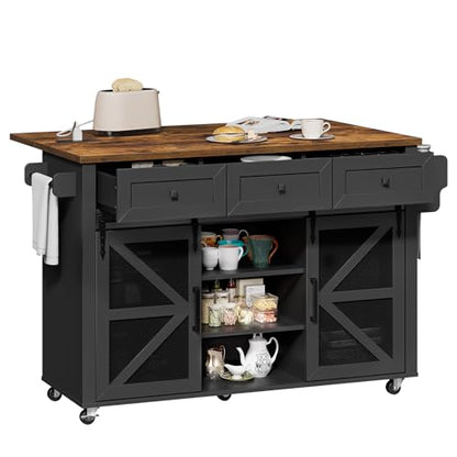 Kitchen Island with Storage, 55" Kitchen Cart with Charging Station, Rolling Kitchen Island Table with Drop-Leaf, 3 Drawers, Barn Doors, Towel Rack and Spice Rack, Black and Rustic Brown - color: Black + Rustic Brown