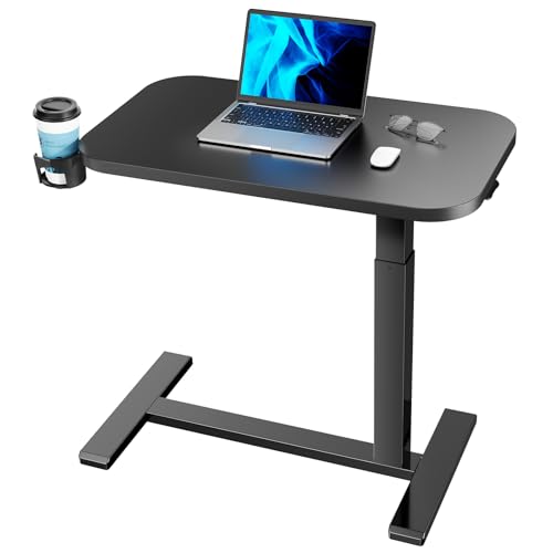 HUANUO 32Inch Bedside Table with Wheels, Height-Adjustable Rolling Computer Cart, Overbed Table with Cup Holder, Pneumatic Laptop Standing Desk for Home Office, Black - color: Black, size: Large-32 Inch