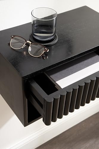 Kate and Laurel Reid Ribbed Wooden Tiered Floating Side Table, 18 x 10 x 9, Black, Modern Rectangular Mango Wood Floating Nightstand with Drawer for Bedroom Storage or Living Room End Table - color: Black