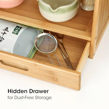 AIEVE Matcha Station Organizer, 2-Tier Bamboo Shelf with Hidden Drawer, Coffee Station Organizer Mug Holder Shelf for Matcha Whisk Set Bowl Cup Scoop Sifter