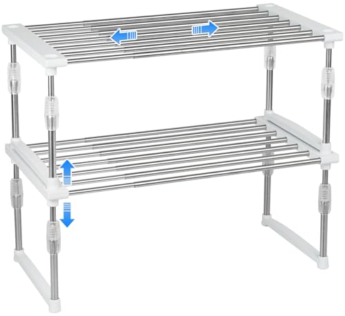2Pack Expandable Cabinet Organizer 11.8~19.6 x 7.8 x 6~9 - Black | Width & Height-adjustable Kitchen Cabinet Organizer Shelf, Stackable Kitchen Counter Shelf - color: White, size: 2 Pack