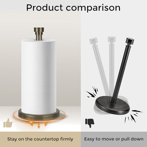 Paper Towel Holder Countertop, Freestanding Paper Towel Stand with Weighted Non-Slip Base, Easy Assembly, Unique Decorative End Cap for Kitchen and Bathroom (Antique Bronze)