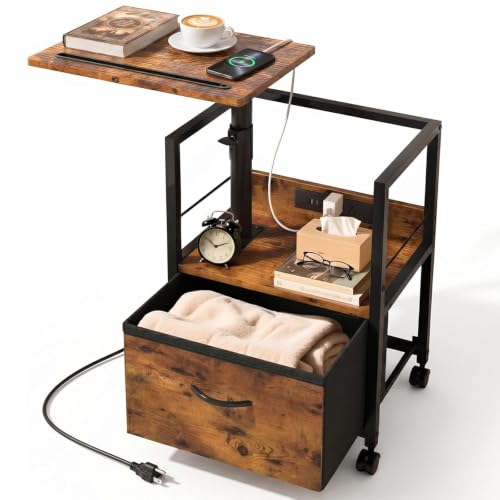 Faesun Swivel Lift Top Nightstand with Charging Station, Rolling Side Table for Recliner, Bedside Table with Wheels & a Fabric Drawer, for Small Spaces, for Bedroom, Living Room, Brown - color: 01 - Brown, size: 1 Drawer