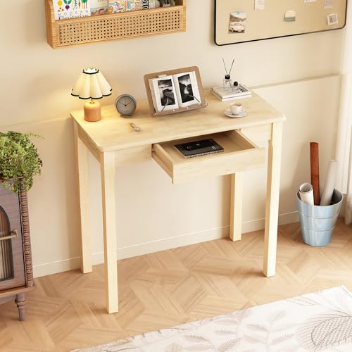 Solid Wooden Desk with Drawers - 32 x 16 Inch Narrow Desks for Small Spaces, Rubberwood Simple Study Table, Small Writing Desk for Bedroom - Natural Boho Desks - color: Natural, size: 31.5 in W x 15.7 in D
