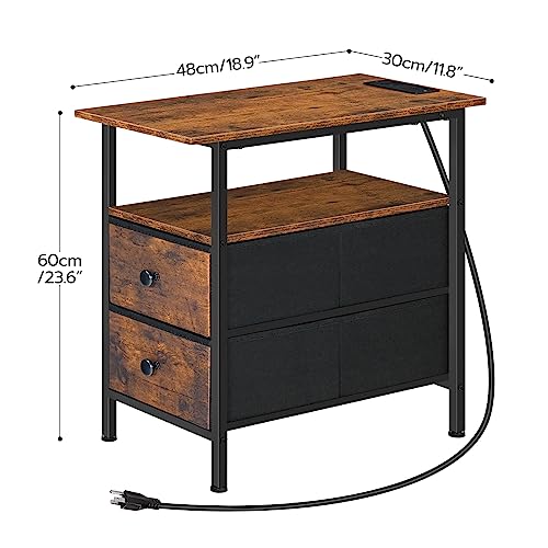 HOOBRO End Table with Charging Station, Narrow Side Table, Nightstand with 2 Non-Woven Drawers, Slim Sofa Side Table, for Small Spaces, Living Room, Bedroom, Rustic Brown and Black BF486UBZ01 - color: Rustic Brown + Black, size: 11.8"L x 18.9"W x 23.6"H