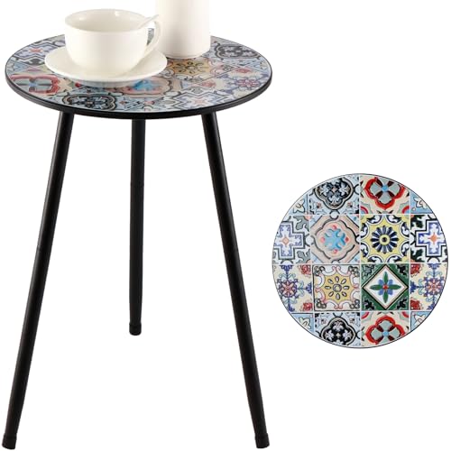 1 Pack Metal Outdoor Side Table Small Outside Round End Table for Patio Modern Accent Garden Corner Table for Small Spaces, Balcony, Porch, Weather-Resistant, Plant Stand Indoor, Mixed Mosaic - color: Mixed Mosaic, style: 1 pack/ 13.4 in