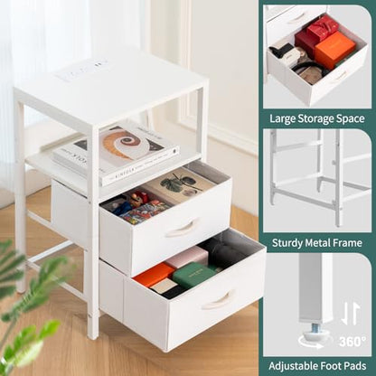 Yoobure Nightstand with Charging Station, LED Night Stand with Fabric Drawers and Storage Shelf for Bedroom, Nightstands Bedside Tables with USB Ports & Outlets, Small Night Stands, Bed Side Table - color: White