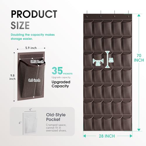 WVM Over the Door Shoe Organizer with 35 Breathable Mesh Pockets, Hanging Shoe Organizer for Door with 4 Metal Hooks, Large Capacity Closet Storage for Shoes, Accessories - style: Coffee