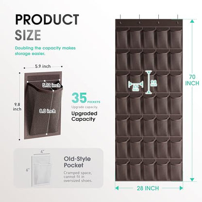 WVM Over the Door Shoe Organizer with 35 Breathable Mesh Pockets, Hanging Shoe Organizer for Door with 4 Metal Hooks, Large Capacity Closet Storage for Shoes, Accessories - style: Coffee