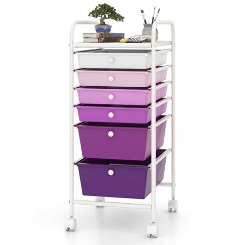 COSTWAY 6-Drawer Rolling Storage Cart, Art Craft Tools Organizer on Wheels | Multifunctional Heavy Duty Utility Mobile Storage Trolley w/ 2 Lockable Wheels for Home Office School (Purple Gradient) - color: Purple Gradient, size: 6 Drawer
