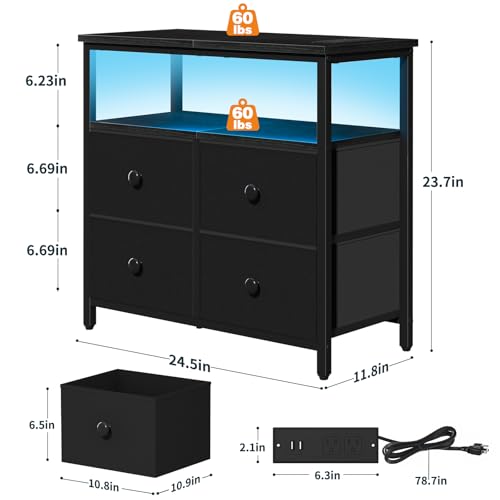 Yoobure Night Stand with Charge Station, Nightstand with 4 Drawers Bedside Table, LED Dresser with Storage Shelf, Night Stands for Bedroom, Side Table 3-Tier Wood End Table for Home, Office Black - color: Black