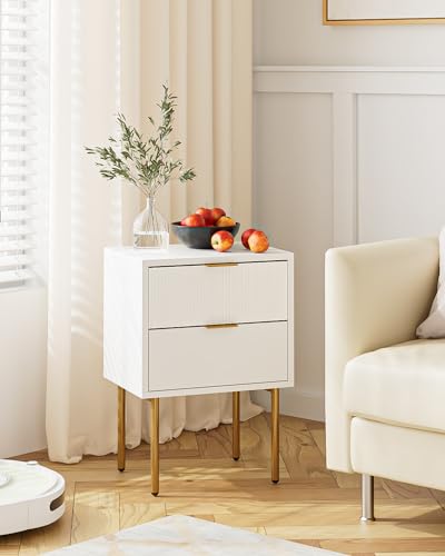 Nightstand,Small Bedside Table with Gold Frame,White Night Stand,Bedside Furniture,Side Table with 2Drawers for Bedroom,Living Room (2Drawers, White) - color: White, style: 2Drawers
