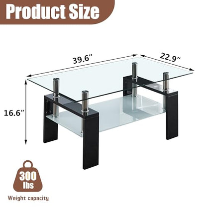 2-Tier Coffee Table with Tempered Glass Top and MDF Frame, Modern Black Rectangular Glass Center Table for Living Room, Apartment, Office, Easy to Assemble - color: Black, size: Coffee Table