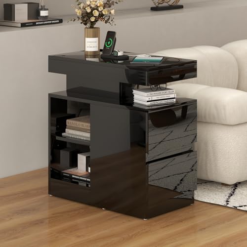 OC Orange-Casual LED End Table with Power Outlet, High Glossy Sofa Side Table, Small Nightstand with Drawer and Storage Cabinet, Narrow Side Table with Charging Station for Living Room (1, Black) - color: Black
