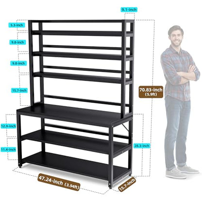 Aquzee Large Bakers Rack for Kitchens, 47in Wide (47.2“W x 15.7”D x 70.8" H) 6 Tiers Kitchen Stand with Hutch & Storage, Black Freestanding Tall Bakers Racks Organizer with Shelves - color: Black