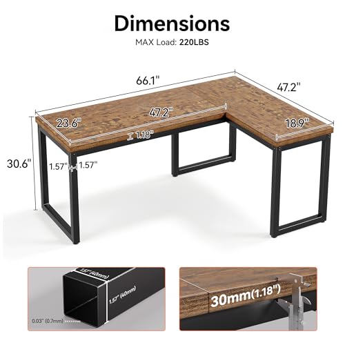 L Shaped Desk 66 Inch Gaming Desk with 1.18 Inch Thicker Desktop, Corner Computer Desk Home Office Desk Study Writing Work Desk Metal Frame, Rustic Brown - size: 66 Inch
