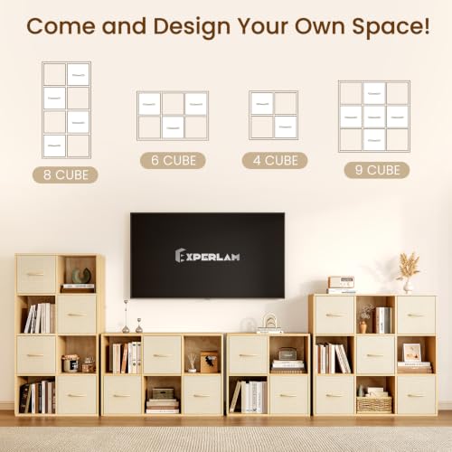 EXPERLAM 9 Cube Storage Organizer - Solid Wood Bookshelf with 5 Storage Bins, Cube Shelf with 3 Removable Back Panels, Vertical or Horizontal Bookcase, Open Book Shelf for Bedroom, Living Room, Office - size: 9 Cube Shelf