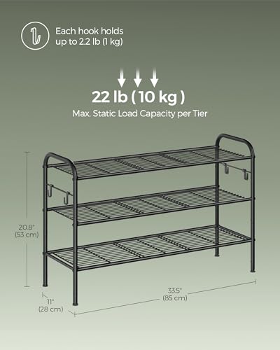 SONGMICS Shoe Rack, 3-Tier Shoe Organizer, Metal Shoe Shelf Storage with 4 Side Hooks, Holds 16 Pairs of Shoes, Height-Adjustable Shoe Rack for Entryway, Hallway, Closet, Ink Black ULMR138B01 - size: 3 Tiers (33.5"W)