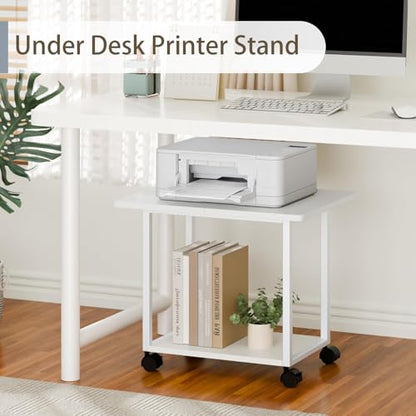 MARTY 22"x15.75" Large Printer Stand Under Desk, Rolling Cart Printer Table | 2 Tier Rolling Printer Cart with Wheels, Storage Shelf, Fit Printer/Fax/3d/Scanner, For Home Office Dorms, Heavy Duty, White - color: White