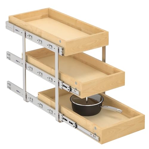 WelFurGeer 3-Tier Pull Out Cabinet Organizer with Soft Close, Heavy-Duty Pull Out Drawers for Cabinets, Slide Out Shelf for Kitchen, Pantry, Bathroom & Under Sink, Solid Birch Wood - color: 3 Tiers, size: 11''W x22''D