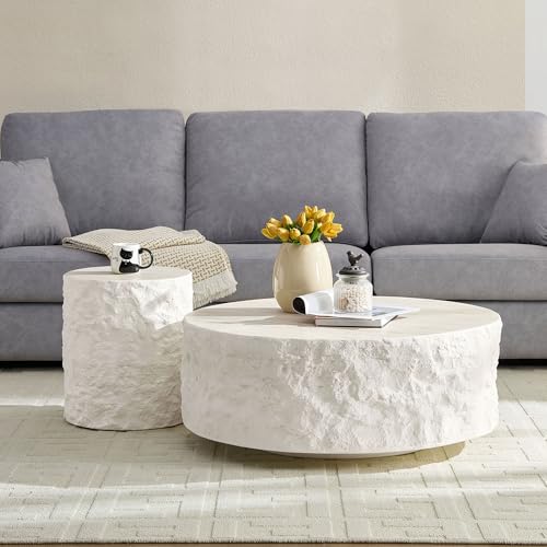 Round Side Table Faux Stone End Table for Living Room Modern Small Coffee Table for Small Space Apartment, No Assembly (Fiberglass-Travertine, 15.75'' x 17.72'') - color: Faux Travertine-15.74inch