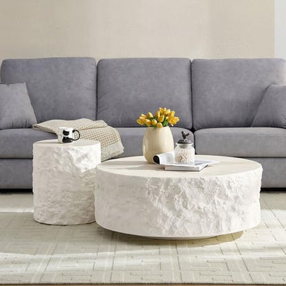 Round Side Table Faux Stone End Table for Living Room Modern Small Coffee Table for Small Space Apartment, No Assembly (Fiberglass-Travertine, 15.75'' x 17.72'') - color: Faux Travertine-15.74inch