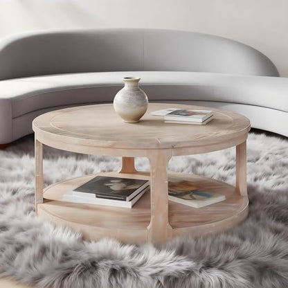 Coffee Table Round 40 inch for Living Room Modern 2-Tier Solid Wood Desktop Coffee Tables with Stroage Casters Circle Drum Tea Wooden Handcraft Home Furniture for Apartment Easy Assembly Oak - color: 40 Oak 2-tier