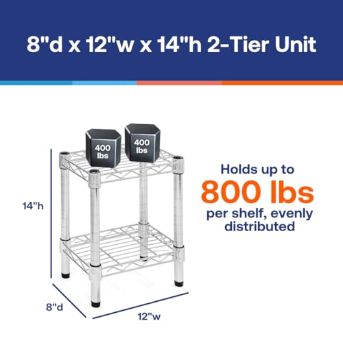 Shelving Inc. 8" d x 12" w Chrome Wire Shelving with 2 Tier Shelves, Weight Capacity 800lbs Per Shelf - size: 8" d x 12" w x 14" h