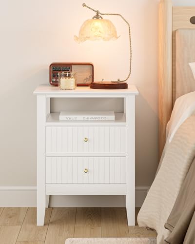 Fluted Nightstand, Farmhouse Night Stand with 2 Drawers, Mid Century Modern Side Accent Table,Bedside End Table for Bedroom, Living Room, White - color: White, size: 2 Drawers