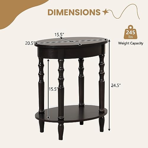 GOFLAME 2-Tier Oval End Table Set of 2, Sofa Side Table with Storage Shelf, Solid Wood Legs, Modern Accent Table, Compact Nightstand for Living Room, Bedroom, Small Space, Espresso - color: Espresso