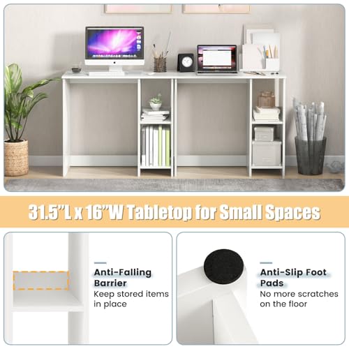 31.5" Computer Desk with Storage, White Modern Wooden Office Desk for Small Spaces, 2-Tier Shelves Writing Workstation for Home, Bedroom, Study – Compact Gaming & Vanity Table