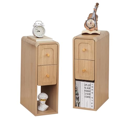 Small Nightstand Set of 2, Wooden Narrow Nightstands with 2 Drawers, Vintage Side End Table for Small Spaces, Skinny Night Stand, Bedside Table for Bedroom, Living Room (Natural-2PCS) - color: Natural-2pcs, size: 2 Drawers